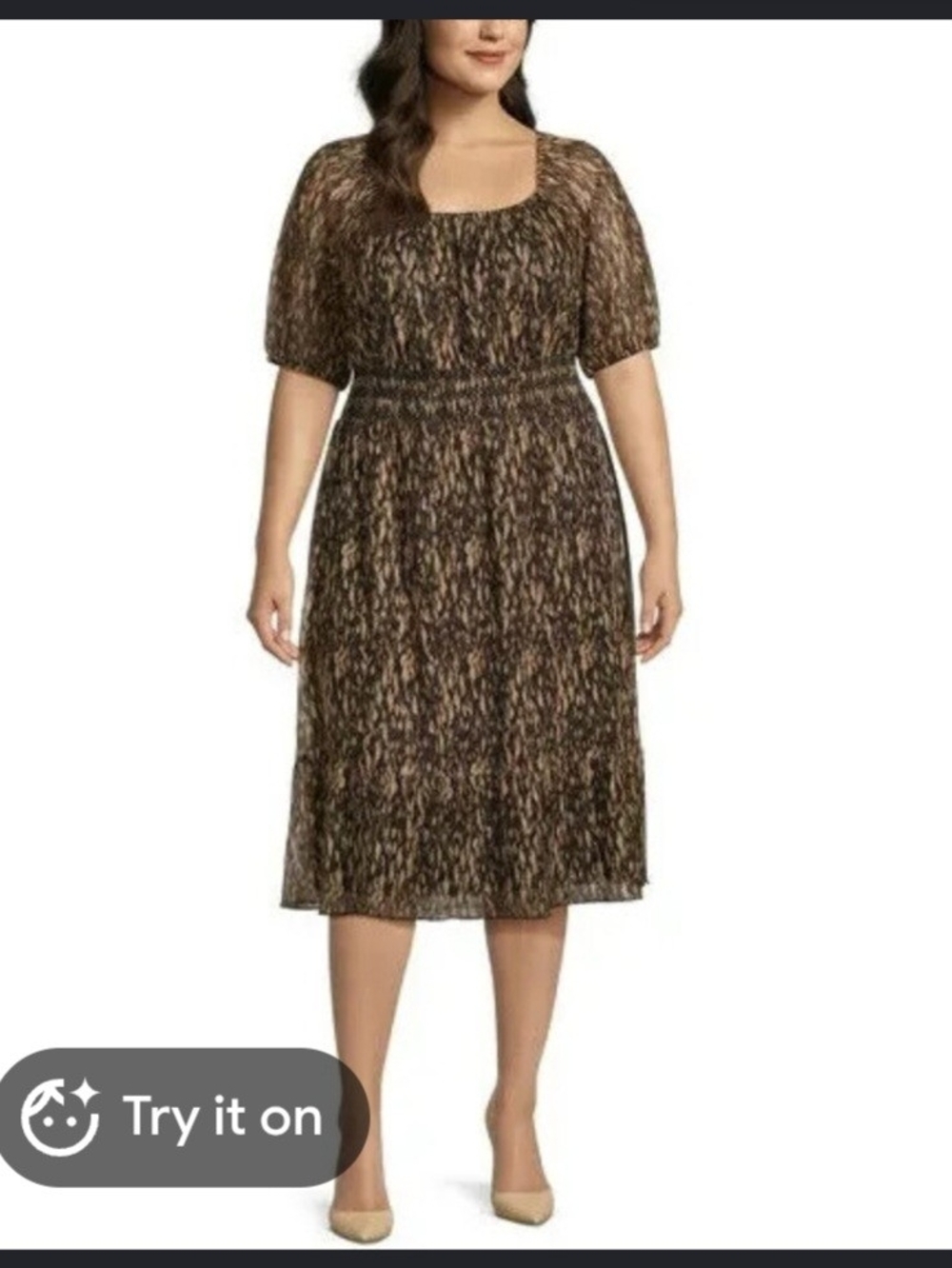 Plus-Size Brown Printed Midi Dress with Square Neck